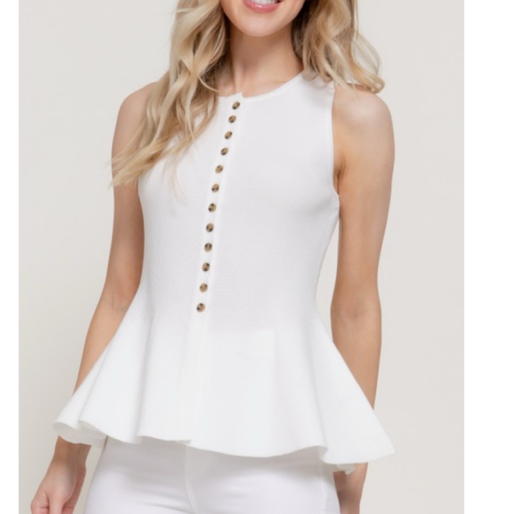 1222 White Soft Rib Knit Sleeveless Peplum Button Front Top
